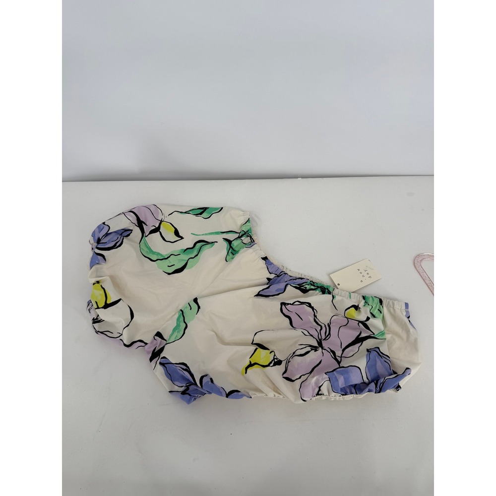 A New Day Floral Puff Sleeve Crop Top Beige Purple Green Women's Size S
